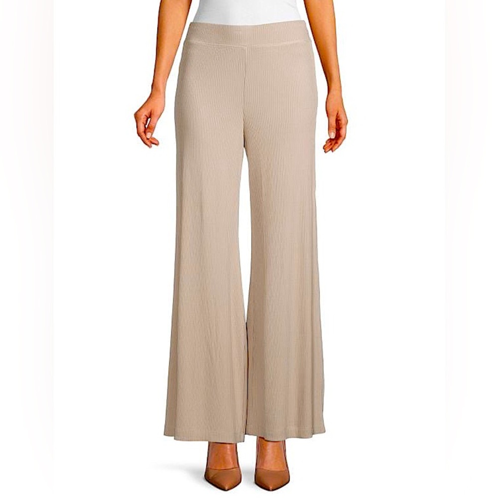 Elie Tahari Women’s Nude Tan Modal-Blend Ribbed Wide-Leg Pants Size S